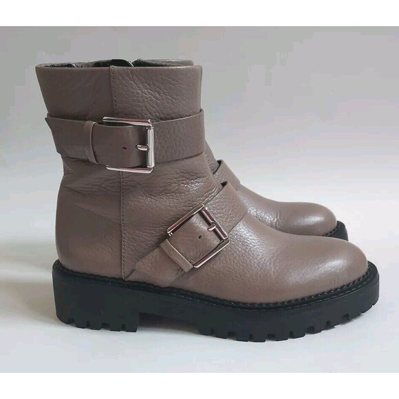 NWOT Ladies/Girls Nordstrom Taupe Leather 2 Buckle Zip Moto Ankle Boots Size 4 - Picture 4 of 8